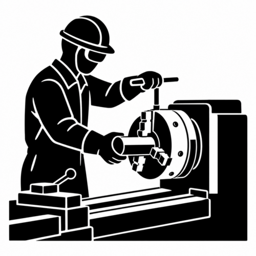 停機中の旋盤のチャックに材料を固定する作業員のアイコン