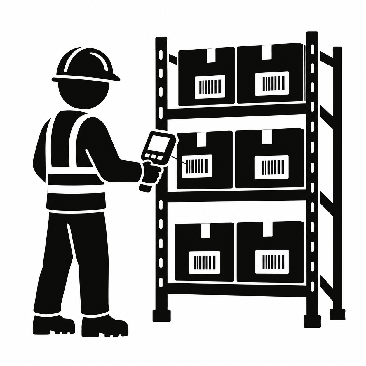 端末を片手に棚の在庫を数える作業員のアイコンのフリーアイコン・イラスト素材｜製造業向け無料ダウンロード