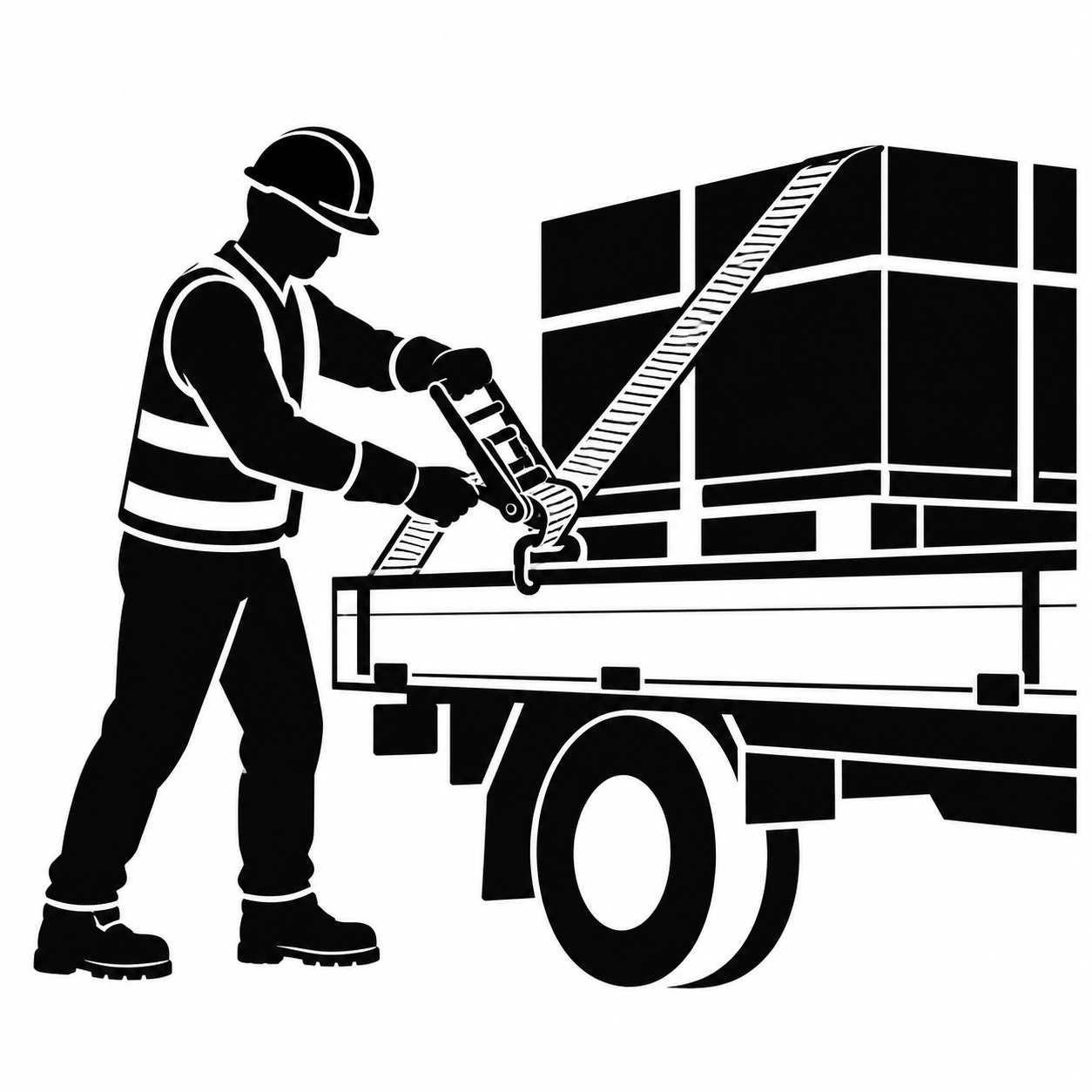 トラックの荷物をラッシングベルトで固定する作業員のアイコンのフリーアイコン・イラスト素材｜製造業向け無料ダウンロード